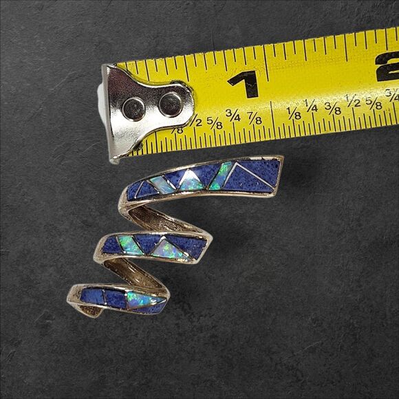 Sterling Silver Spiral Pendant Lapis & Opal Inlay Southwestern Style Signed Blue - Picture 4 of 5